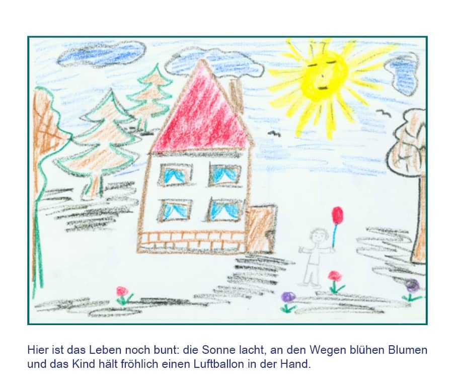 Bunte Zeichnung mit lachender Sonne, Blumen und einem Kind mit rotem Luftballon